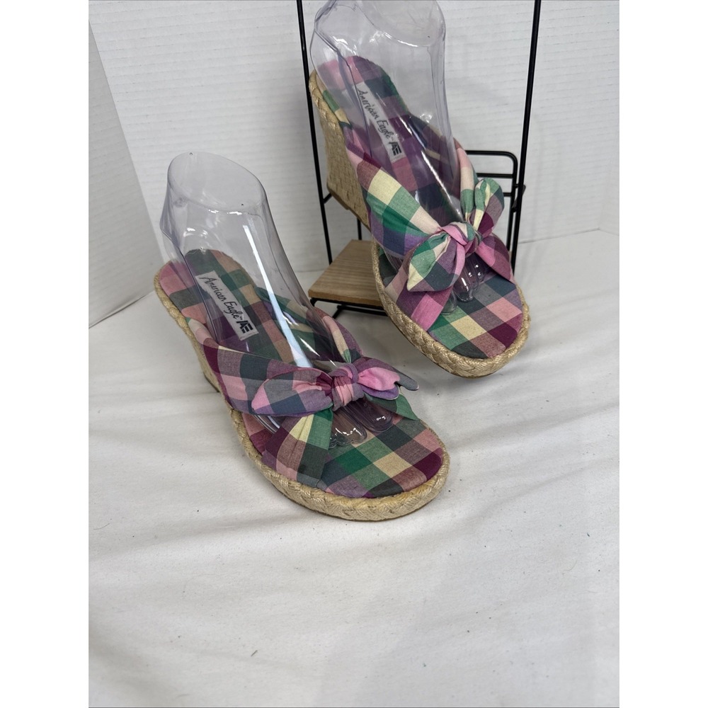 American Eagle Women's Multicolor Plaid Bow Slip-On Wedge Sandals US 8